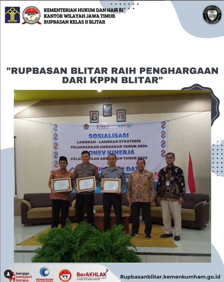 Rupbasan Kelas II Blitar Kanwil Kemenkumham Jawa Timur Raih Penghargaan Kategori HAI CSO Terbaik Dari KPPN Blitar
